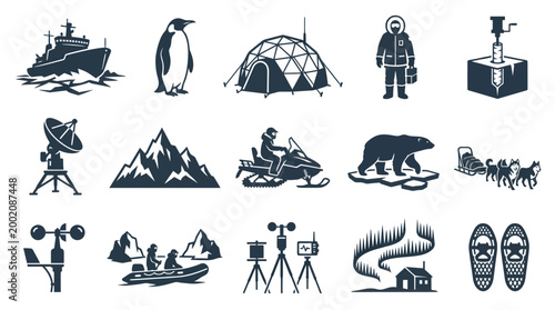 Arctic Expedition Icons: Ship, Penguin, Tent, Polar Bear, Aurora, Snowshoes, and More