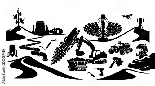 Black and white illustration of futuristic construction and technology on alien planet