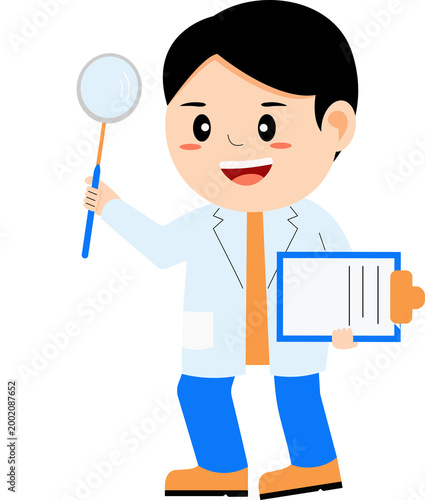 Male Dentist Holding Dental Mirror and Medical Record Clipboard Cartoon Illustration
