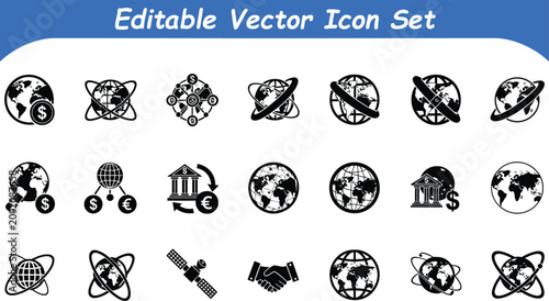 Global business finance communication editable vector icon set with business