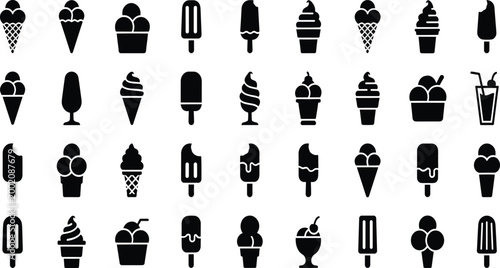 Ice cream icons set, black silhouette dessert collection, popsicle cone cupcake frozen treat symbols, minimal vector illustration, sweet food elements isolated on white background