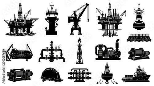 Black  White Icons of Offshore Oil and Gas Industry Equipment and Structures