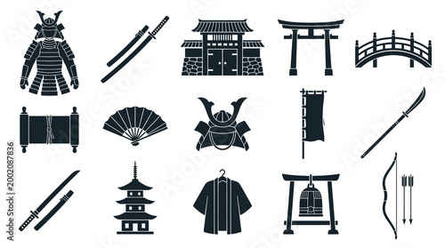 Japanese Samurai Culture Icons: Armor, Swords, Torii, Pagoda, Fan, Kimono, Bow