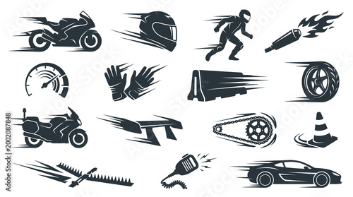 Set of black and white racing icons with motorcycles, car, helmet, speed
