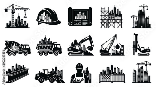 Construction Industry Icons: Buildings, Crane, Hard Hat, Truck, Excavator