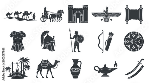 Ancient History Middle East Icons Glyph Set: Persia Mesopotamia Symbols Silhouette