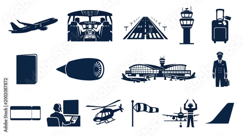 Airport Icons Set: Airplane, Cockpit, Terminal, Pilot, Luggage, Jet Engine, Helicopter, Runway