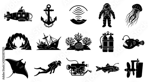 Underwater World Icons: Submarine, Diver, Jellyfish, Shipwreck, Fish, Anchor, Coral