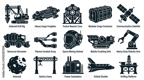 Space Mining  Futuristic Industrial Technology Solid Glyph Icons Set