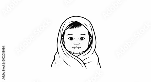 Line art illustration of a baby's head wrapped in a cloth