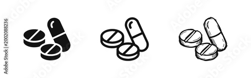Medical Pills and Capsule Icon Set for Healthcare and Pharmacy Design in Solid, Outline, and Sketched Styles