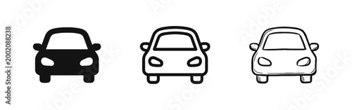 Car Front View Icon Set for Transportation and Automotive Design in Solid, Outline, and Hand-Drawn Styles