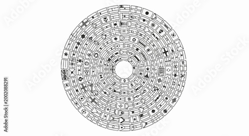 Intricate circular radial pattern composed of small enclosed graphic symbols