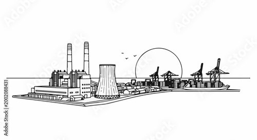 Industrial landscape with power plant, cooling tower, cranes, and cargo ship