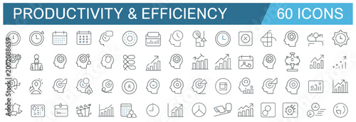 Productivity and efficiency icon set for business, time management, workflow, and strategic planning