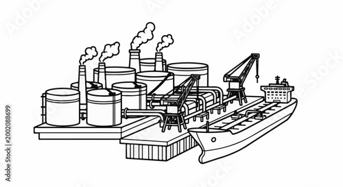 Industrial plant with tanks, pipes, cranes, and a ship