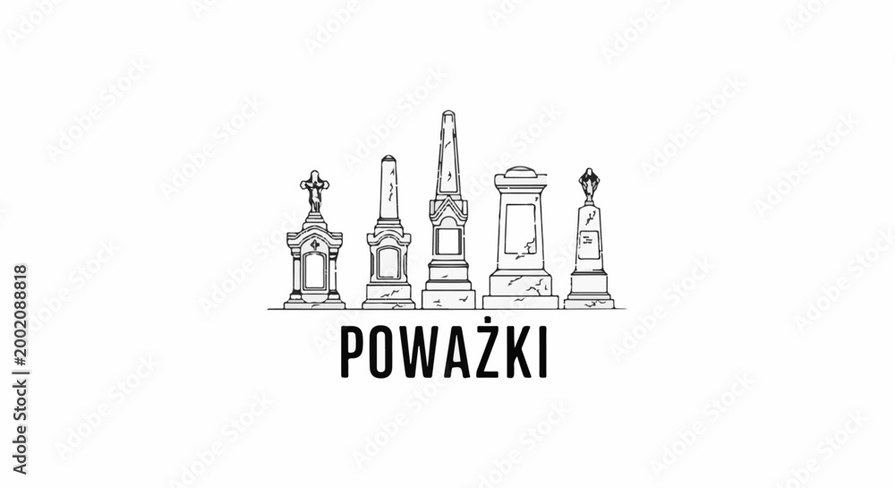 Obraz premium Hand-drawn line art of various tombstones with text below