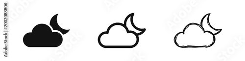 Night Weather Icon Set - Cloud and Moon Symbols in Solid, Outline, and Hand-Drawn Styles