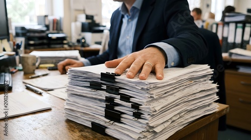 Office worker hand resting on large stack of paperwork with binder clips.