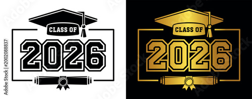 Graduating class of 2026 template in border for greeting, invitation card. Text for graduation design, congratulation event, T-shirt, party, high school or college graduate. Illustration, vector