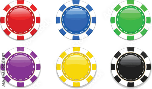 Colorful Casino Chips Set for Gambling, Poker, or Casino Games, Red, Blue, Green, Purple, Yellow, and Black, Vector Illustration
