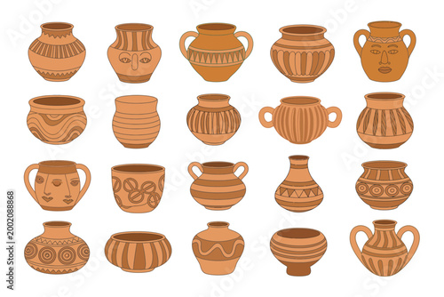 Ceramic vases icons illustration set, generic clay pots and earthenware vessels with decorative patterns for pottery and craft design.