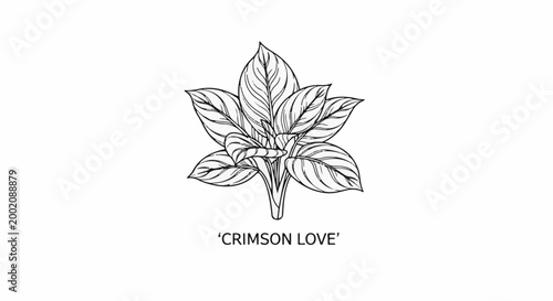 Line art illustration of a striking plant with striped leaves named 'Crimson Love'