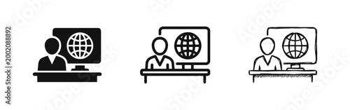 Online News Icon Set - Global Broadcast and Presenter Symbols in Solid, Outline, and Hand-Drawn Styles