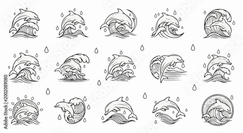 Line art illustrations of leaping dolphins in waves with falling raindrops
