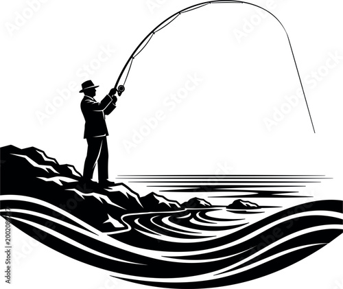 "Black and White Vintage Style Fishing Illustration with Angler on the Coastline and Ocean Waves"