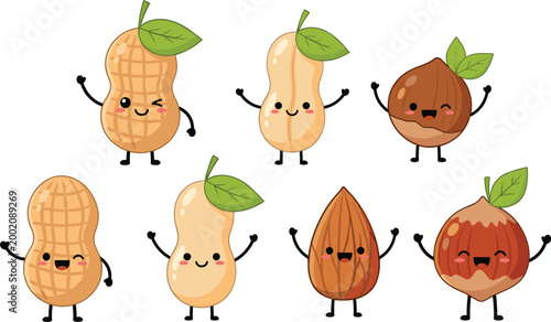 Cute Nut Characters with Faces for Kawaii, Food, and Snack Designs