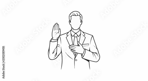 Gentleman in suit taking an oath with hand raised and other on chest