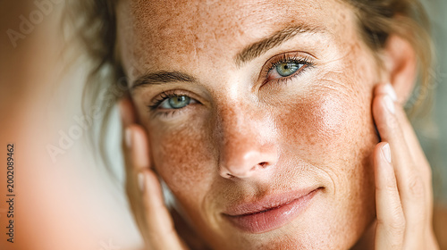 Person gently applying skincare product to face in front of mirror
