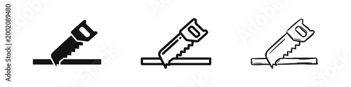 Hand Saw Cutting Wood Icon Set, Carpentry and DIY Tool, Construction Symbols in Glyph, Outline, and Doodle Styles