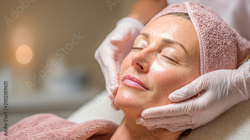 Modern aesthetic clinic interior with professional performing gentle facial treatment on client lying on treatment bed