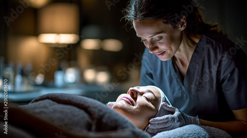 Modern clean aesthetic treatment room with professional performing gentle skincare procedure on client lying on treatment bed