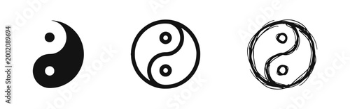 Yin Yang Icon Set, Balance and Harmony Symbol, Oriental Philosophy Signs in Glyph, Outline, and Doodle Styles