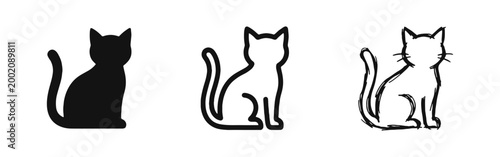 Cat Silhouette Icon Set, Domestic Pet Feline, Animal Lover Symbols in Glyph, Outline, and Doodle Styles