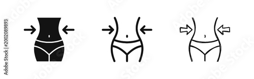 Weight Loss Icon Set, Slim Waist and Fitness, Body Measurement Symbols in Glyph, Outline, and Doodle Styles