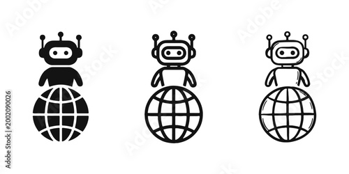 Global Artificial Intelligence Icon Set, Robot and Globe, Future Technology Symbols in Glyph, Outline, and Doodle Styles