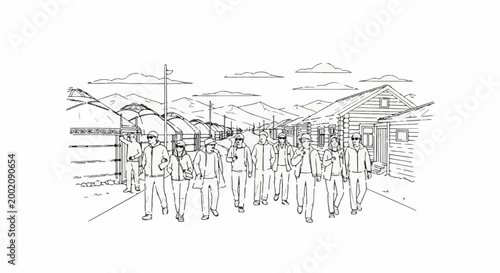 Group of people walking down a dirt road past yurts and wooden houses