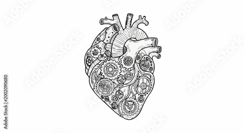 Intricate mechanical heart illustration with gears and tubes, black and white