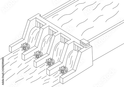 Technology dam line drawing of a hydroelectric dam with turbines for modern energy solutions, suitable for renewable energy concepts.