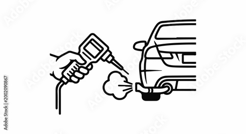 Hand holding a diagnostic tool to a car exhaust pipe emitting smoke