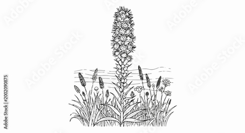 Line drawing of a tall, spiked flower surrounded by smaller plants and foliage