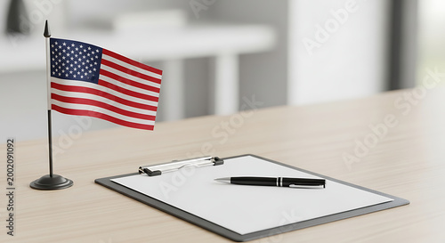 american flag on clipboard with pen on wooden desk in bright office setting