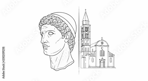 Line drawing of ancient bust and a church tower
