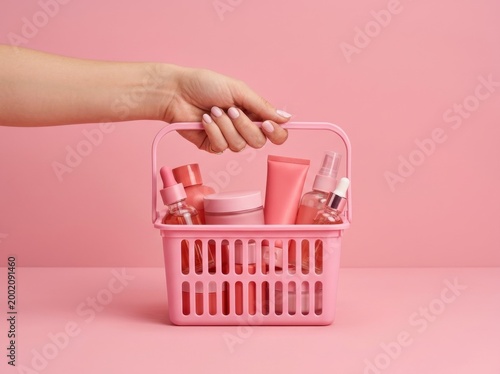 Woman Holding Pink Retail Shopping Basket with Skincare Products and Cosmetics. Monochrome Beauty Shopping Concept for E-commerce, Wellness, and Self-Care Marketing.
