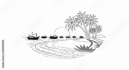 Fishing boats on a tropical beach with palm trees and a sun