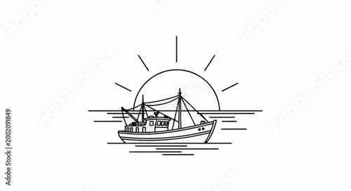 Fishing boat sailing on the ocean at sunrise